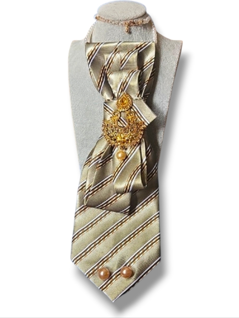 3/$60 Green and Ivory Striped Folded Cravat with Decorative Brooch Pearl Detail